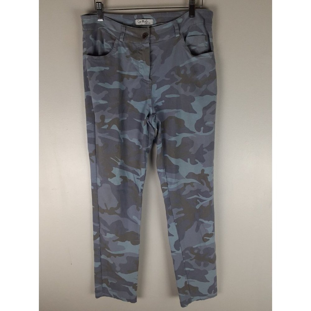 Gigi Moda Women's Blue Camo Mid Rise Straight Leg Jeans Pants Lightweight 30